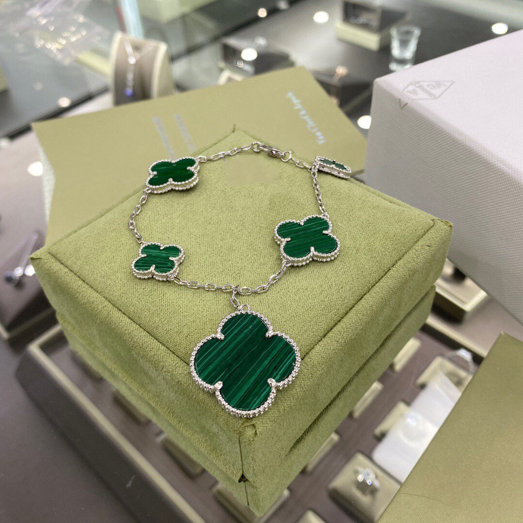 [Rose Tomorrow]CLOVER 5 MOTIFS SIVLER MALACHITE BRACELET