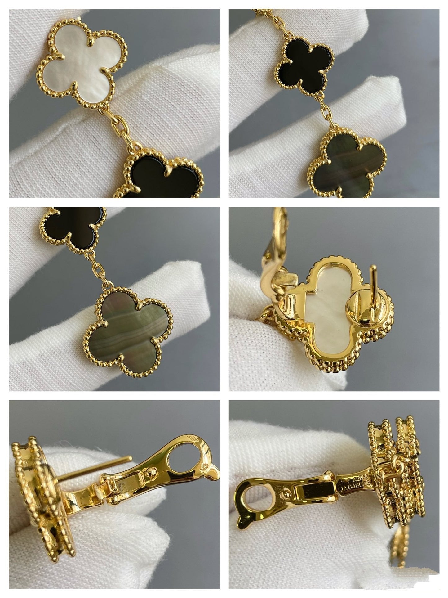 [Rose Tomorrow]CLOVER 3 MOTIF MOP ONYX DARK MOP PINK GOLD EARRINGS