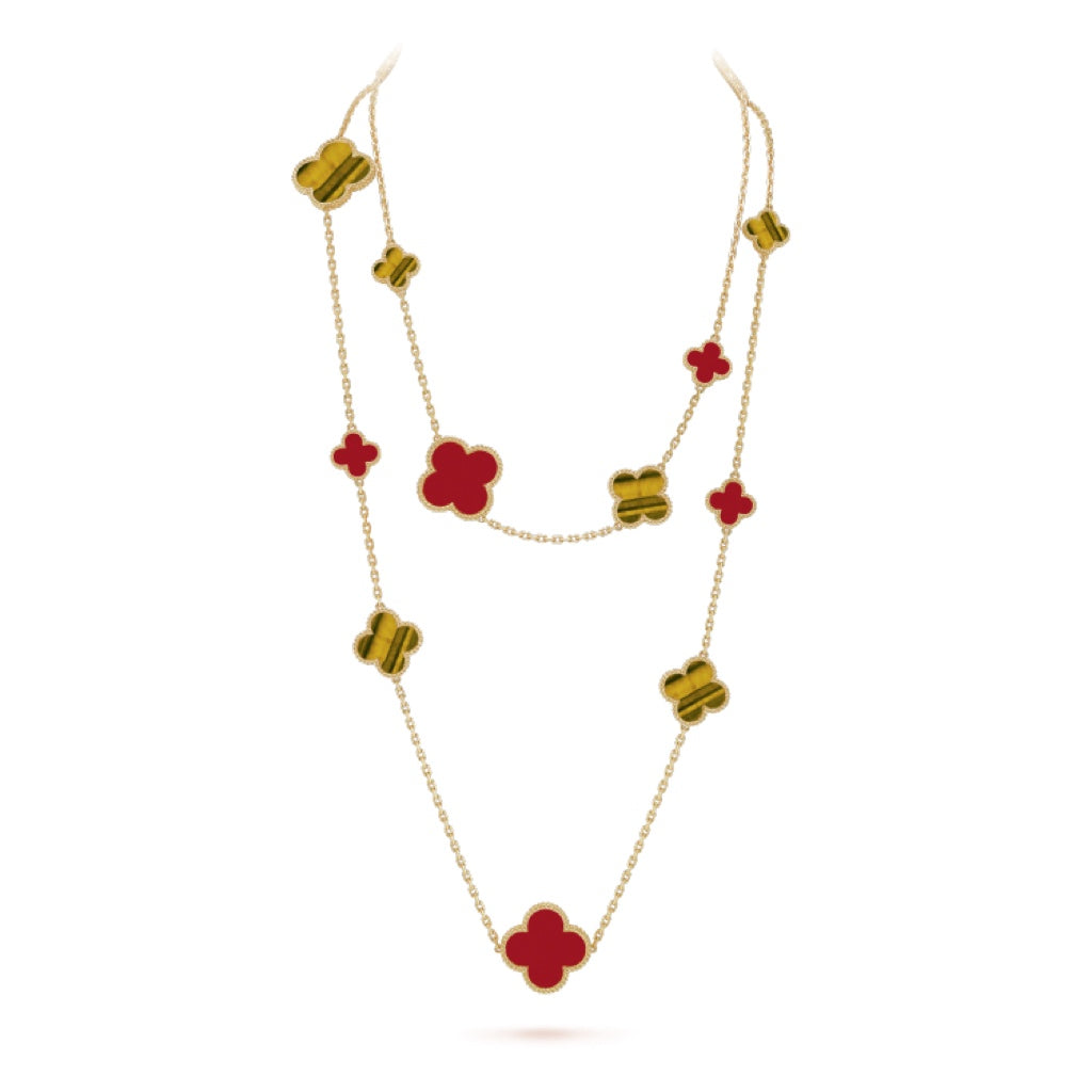 [Rose Tomorrow]CLOVER 16 MOTIF CARNELIAN TIGER EYE ROSE GOLD NECKLACE