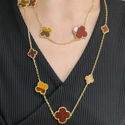 [Rose Tomorrow]CLOVER 16 MOTIF CARNELIAN TIGER EYE ROSE GOLD NECKLACE
