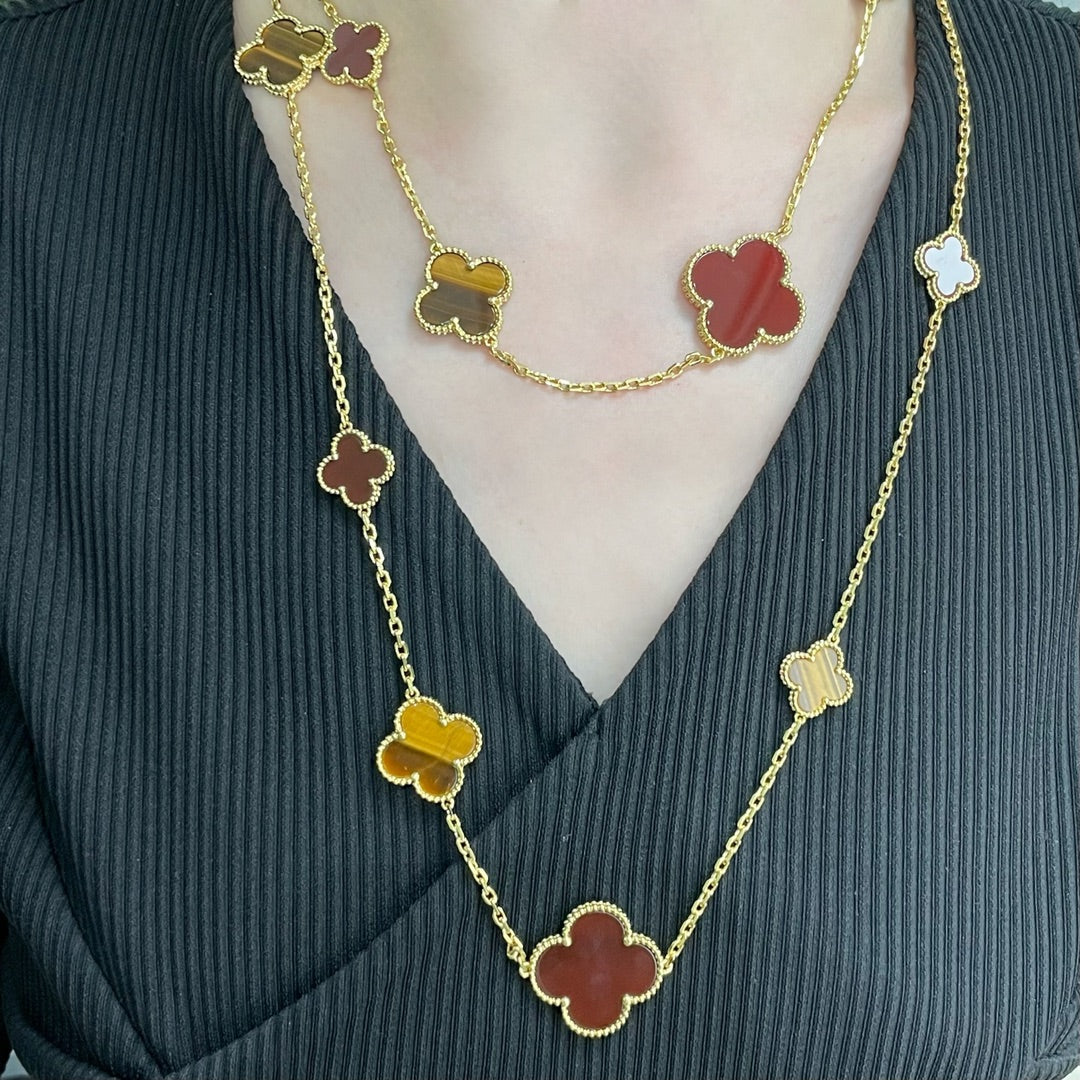 [Rose Tomorrow]CLOVER 16 MOTIF CARNELIAN TIGER EYE ROSE GOLD NECKLACE