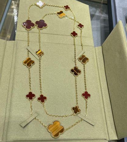 [Rose Tomorrow]CLOVER 16 MOTIF CARNELIAN TIGER EYE ROSE GOLD NECKLACE