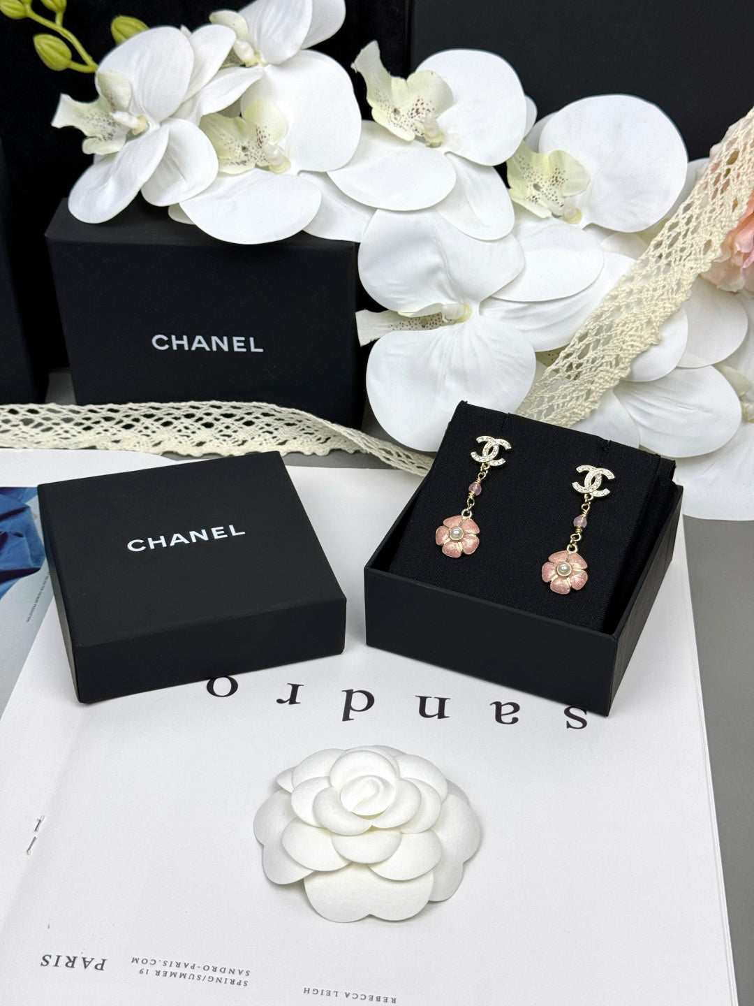 [Rose Tomorrow]26C Pink Camellia Enamel Pendant with Double C Earrings