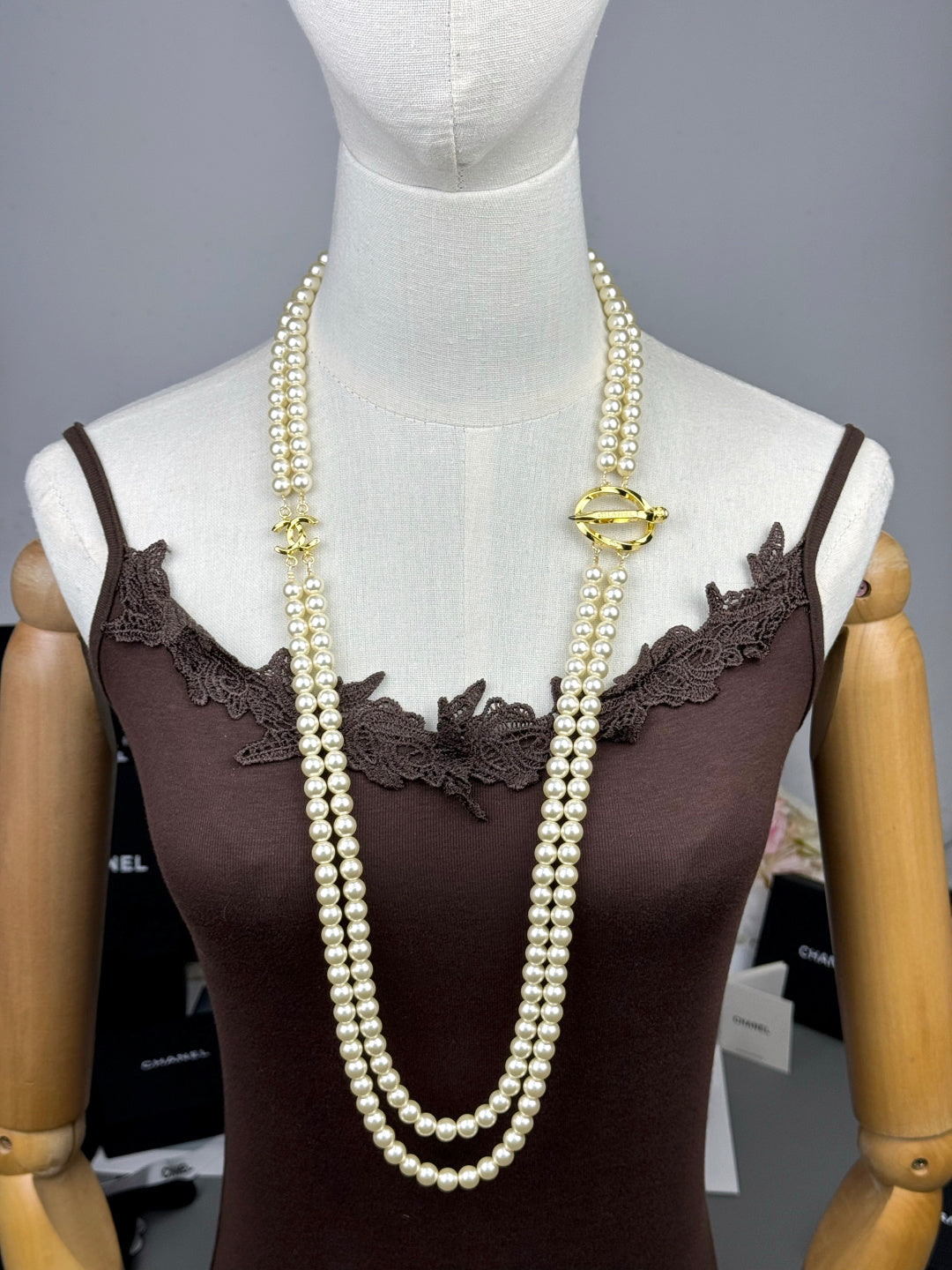[Rose Tomorrow]25K Pencil Double C Double-Layer Pearl Sweater Chain