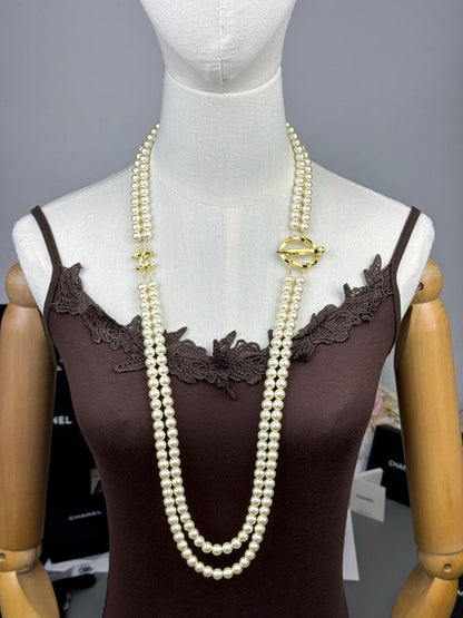 [Rose Tomorrow]25K Pencil Double C Double-Layer Pearl Sweater Chain