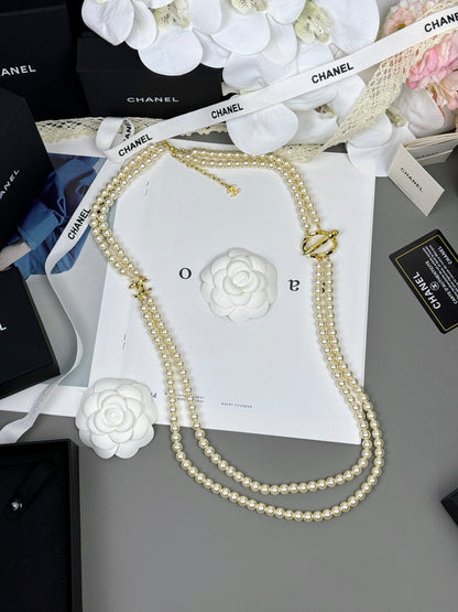 [Rose Tomorrow]25K Pencil Double C Double-Layer Pearl Sweater Chain