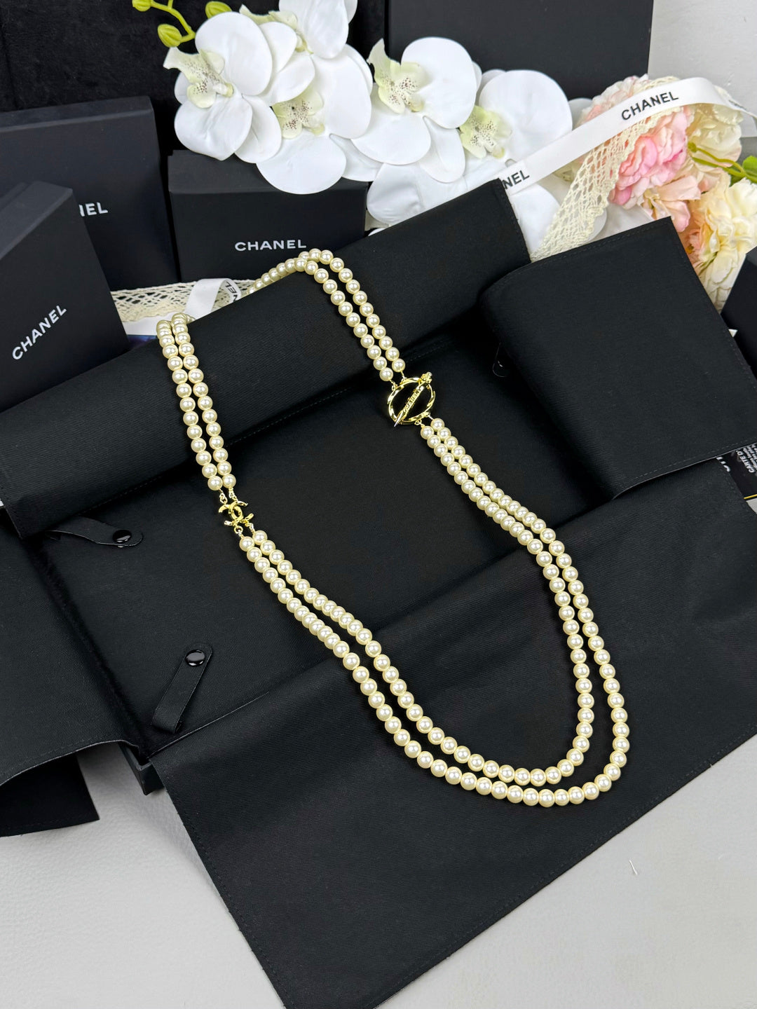 [Rose Tomorrow]25K Pencil Double C Double-Layer Pearl Sweater Chain