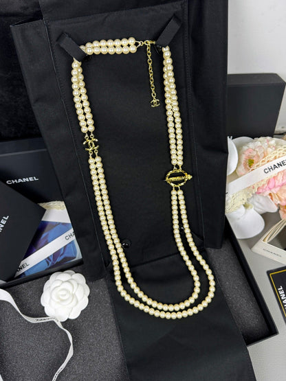 [Rose Tomorrow]25K Pencil Double C Double-Layer Pearl Sweater Chain