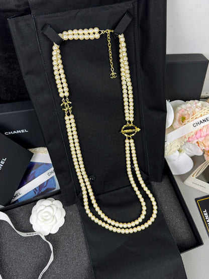 [Rose Tomorrow]25K Pencil Double C Double-Layer Pearl Sweater Chain