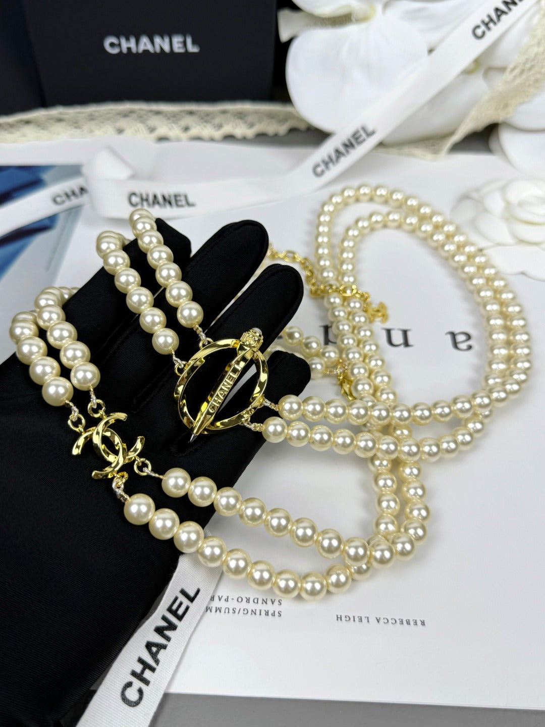 [Rose Tomorrow]25K Pencil Double C Double-Layer Pearl Sweater Chain