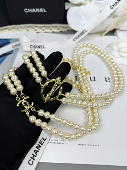 [Rose Tomorrow]25K Pencil Double C Double-Layer Pearl Sweater Chain