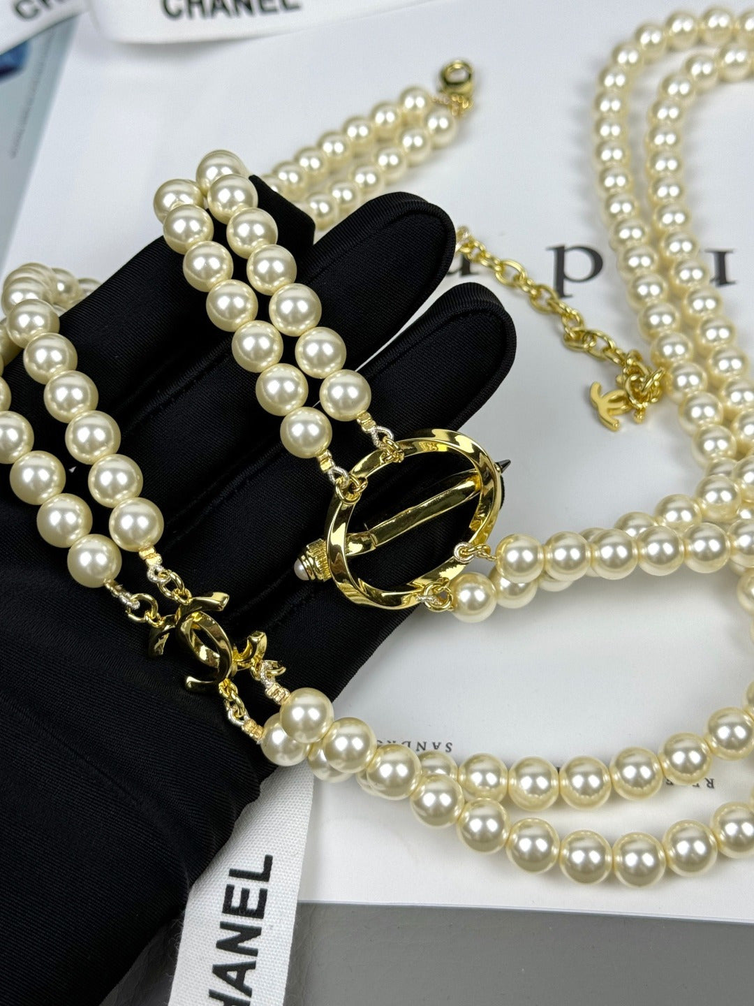 [Rose Tomorrow]25K Pencil Double C Double-Layer Pearl Sweater Chain