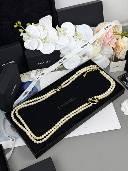 [Rose Tomorrow]25K Pencil Double C Double-Layer Pearl Sweater Chain