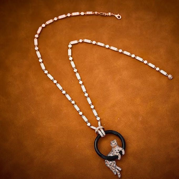 [Rose Tomorrow]NEW BLACK CIRCLE PANTHER FULL DIAMOND NECKLACE