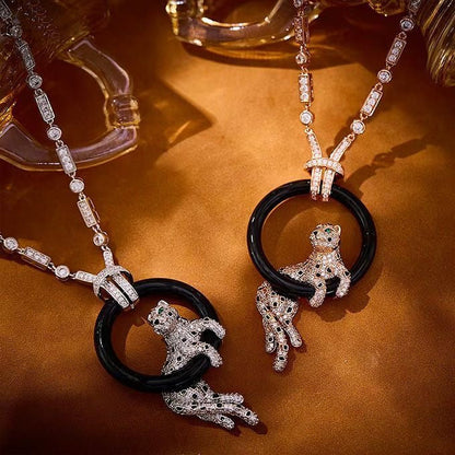 [Rose Tomorrow]NEW BLACK CIRCLE PANTHER FULL DIAMOND NECKLACE