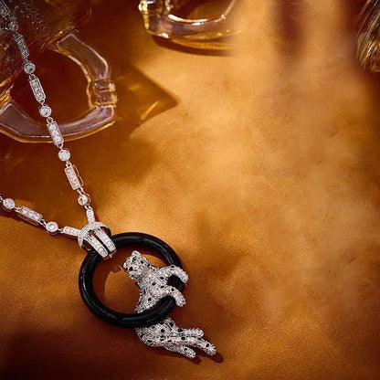 [Rose Tomorrow]NEW BLACK CIRCLE PANTHER FULL DIAMOND NECKLACE