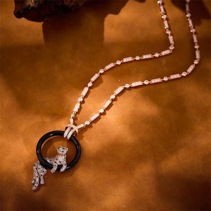 [Rose Tomorrow]NEW BLACK CIRCLE PANTHER FULL DIAMOND NECKLACE