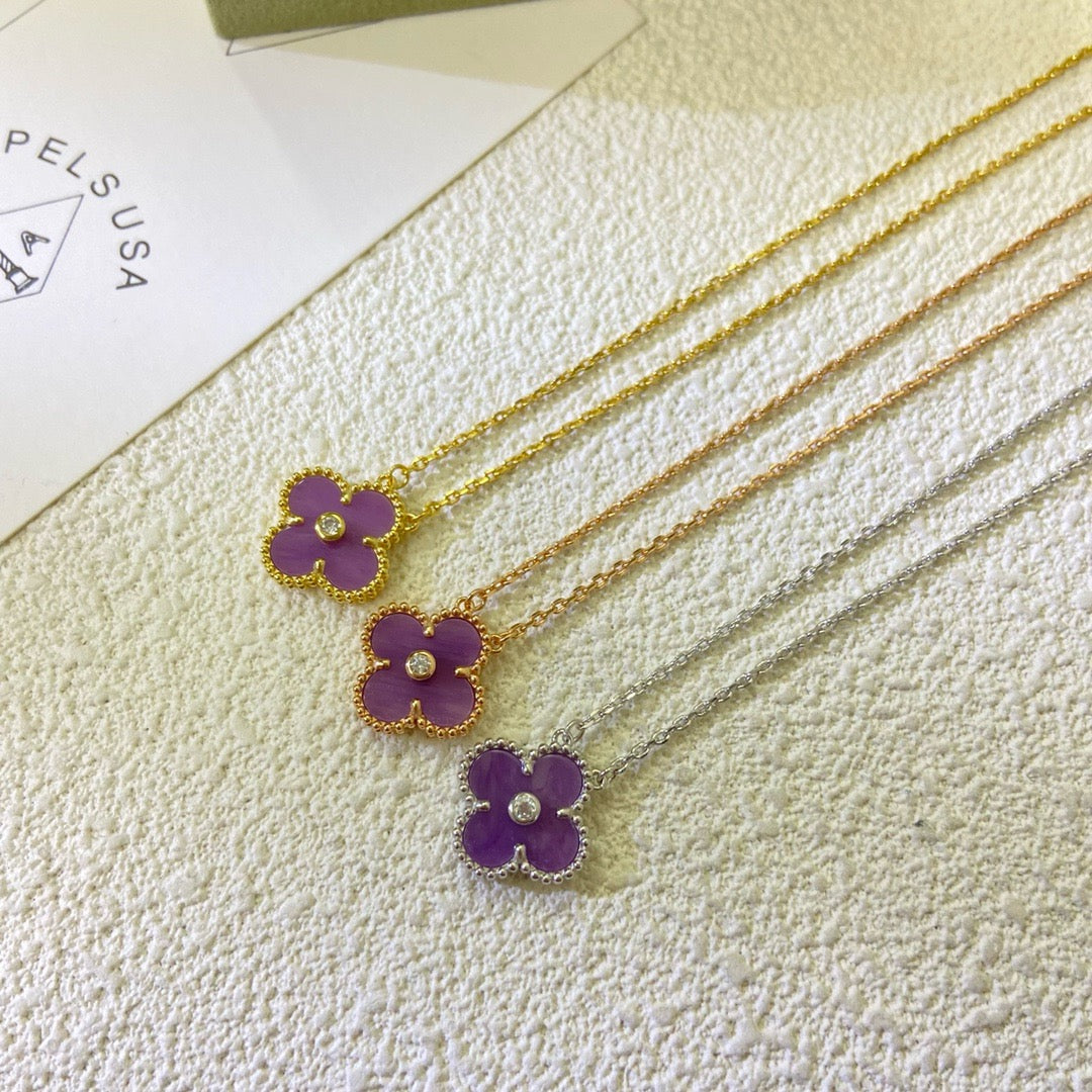 [Rose Tomorrow Jewelry]CLOVER 15MM DIAMOND  PURPLE VIOLET NECKLACE
