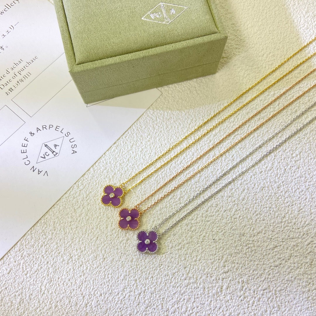 [Rose Tomorrow Jewelry]CLOVER 15MM DIAMOND  PURPLE VIOLET NECKLACE