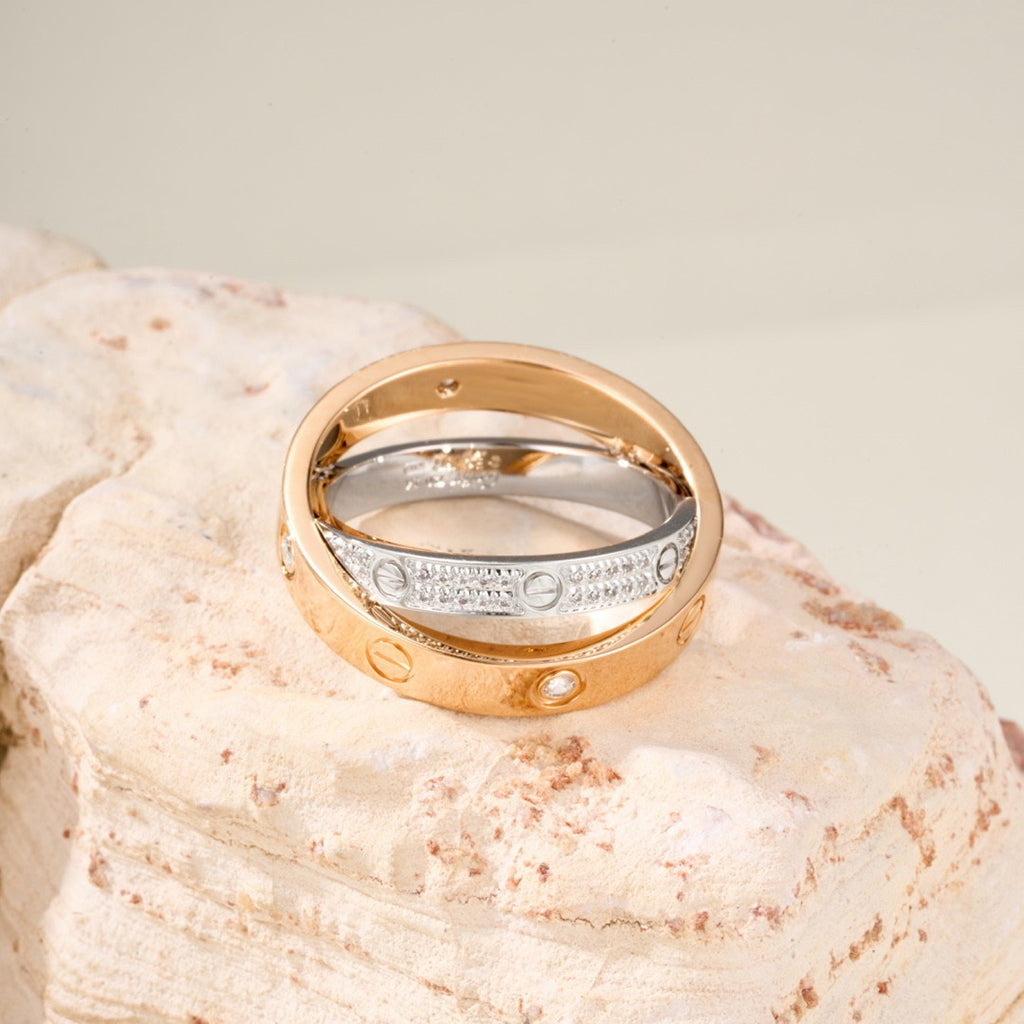 [Rose Tomorrow]LOVE PINK GOLD SILVER DIAMOND DOUBLE RING