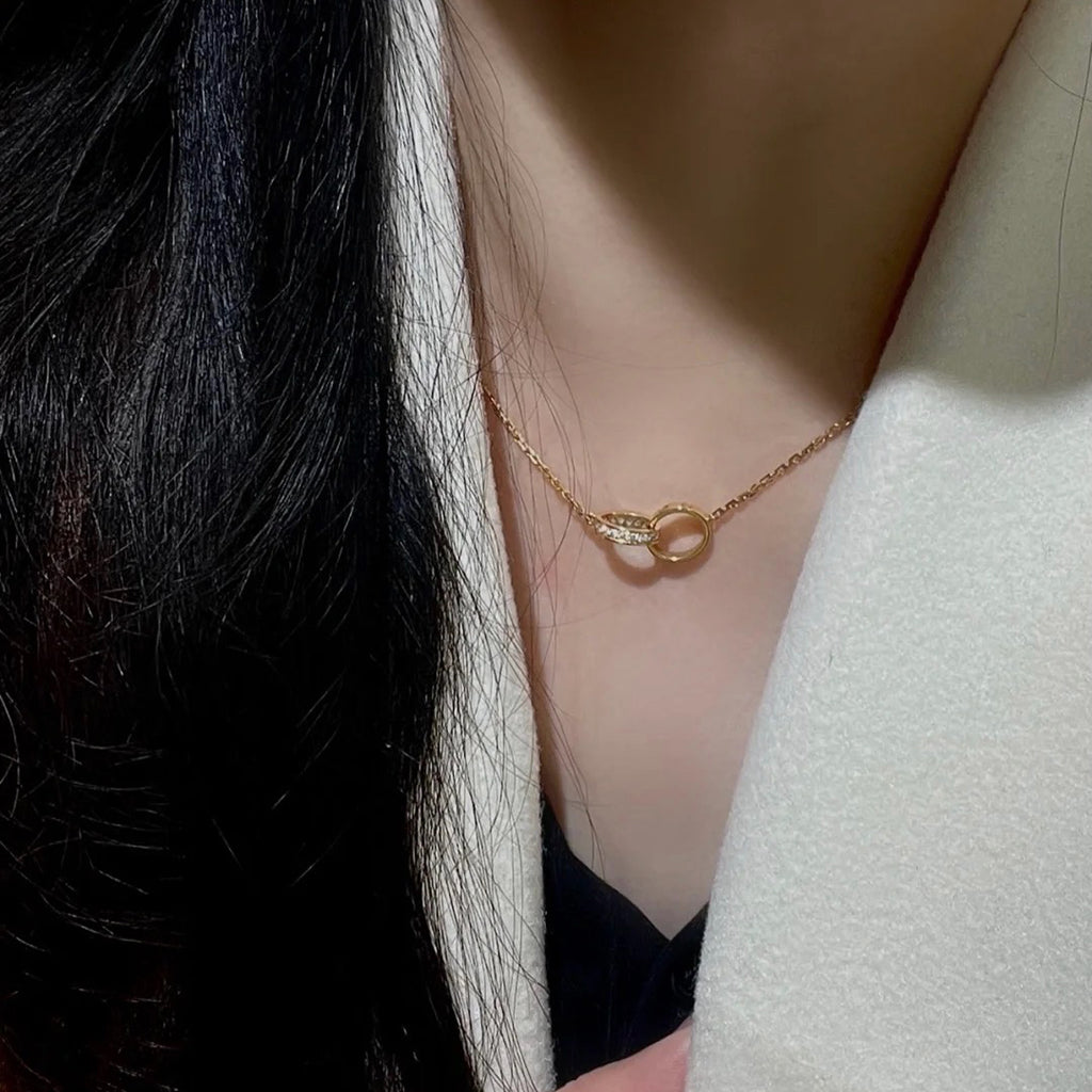 [Rose Tomorrow]LOVE DOUBLE RING HALF DIAMOND NECKLACE