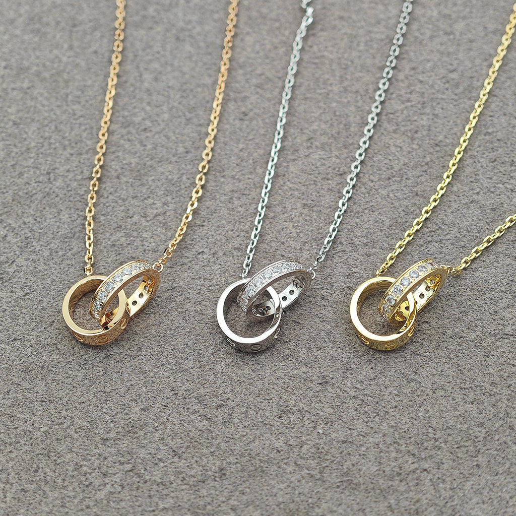 [Rose Tomorrow]LOVE DOUBLE RING HALF DIAMOND NECKLACE