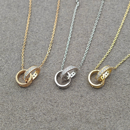 [Rose Tomorrow]LOVE DOUBLE RING HALF DIAMOND NECKLACE