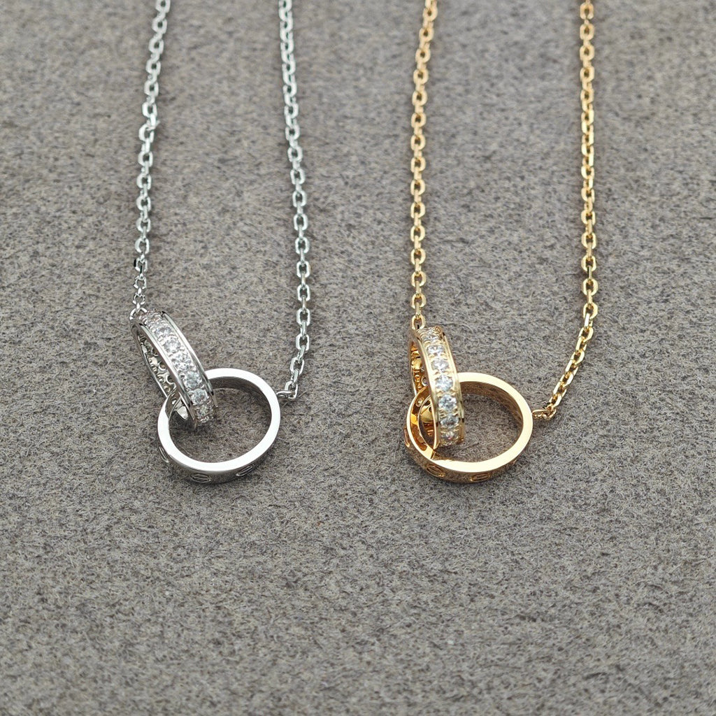 [Rose Tomorrow]LOVE DOUBLE RING HALF DIAMOND NECKLACE